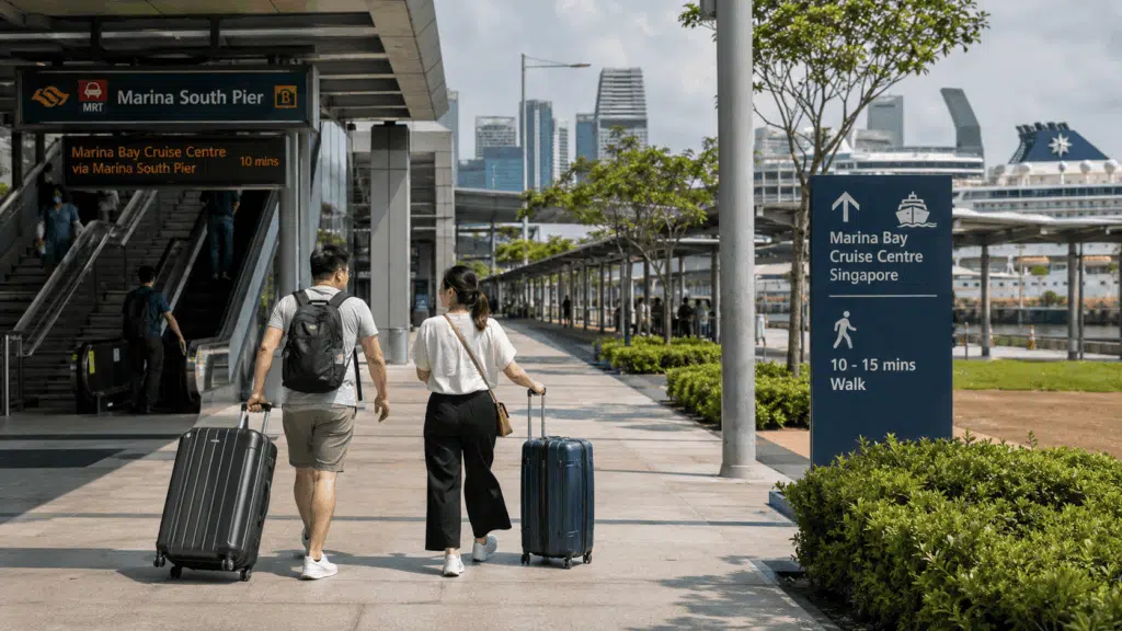 Couple walking with luggage from Marina South Pier MRT following marina bay cruise centre transport and pickup guide