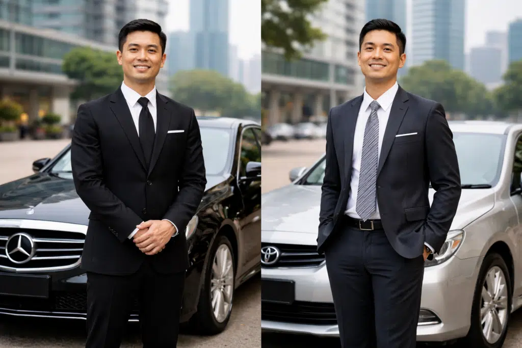 Private driver and chauffeur comparison showing two chauffeurs with different attire and vehicles in Singapore urban setting