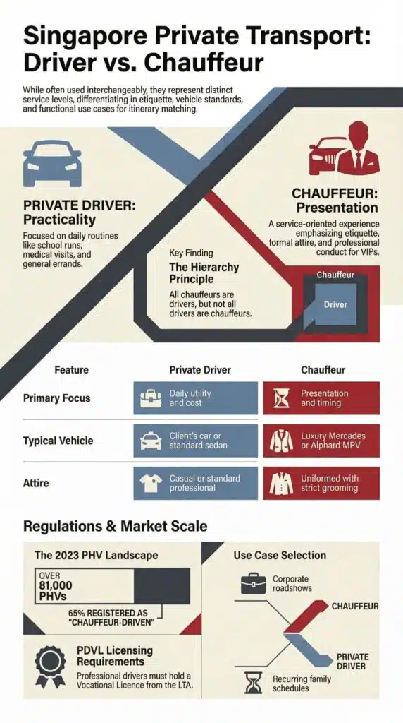 Private driver and chauffeur infographic comparing vehicles, presentation, use cases, and costs in Singapore transport services