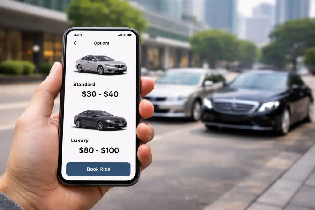 Private driver and chauffeur cost comparison on smartphone with standard and luxury car options in Singapore street background