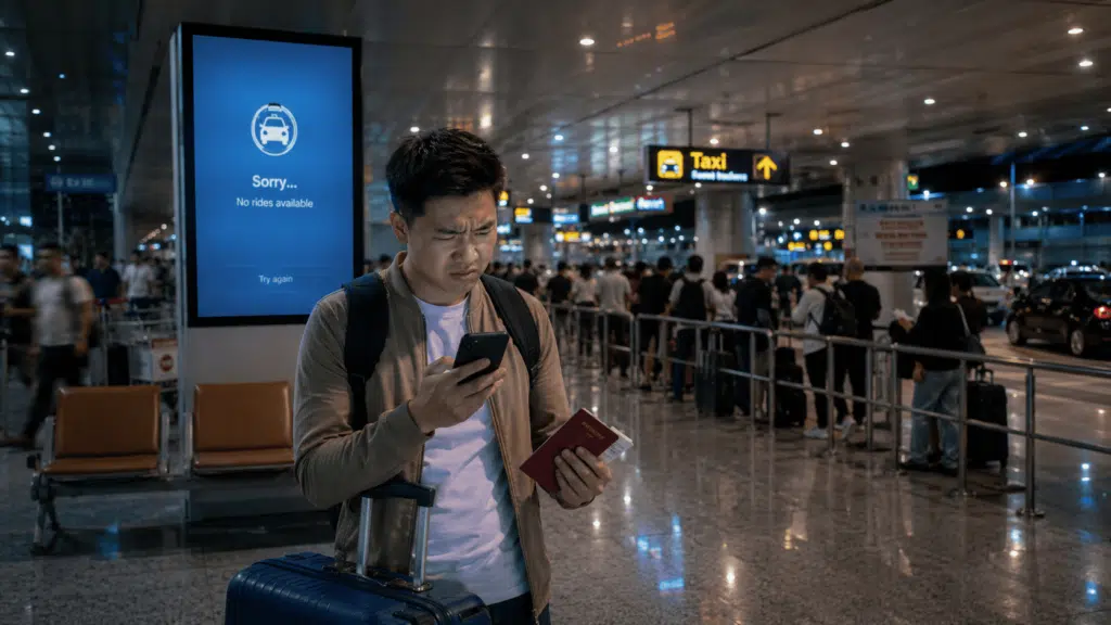 Stressed traveller finding no rides available, highlighting why pre-booking a 4 AM airport transfer in Singapore matters