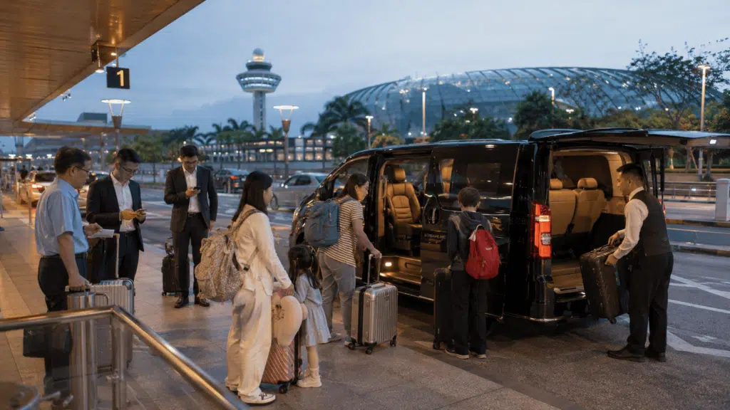 Family boarding a luxury MPV for a 4 AM airport transfer Singapore at Changi Terminal 1 at dawn