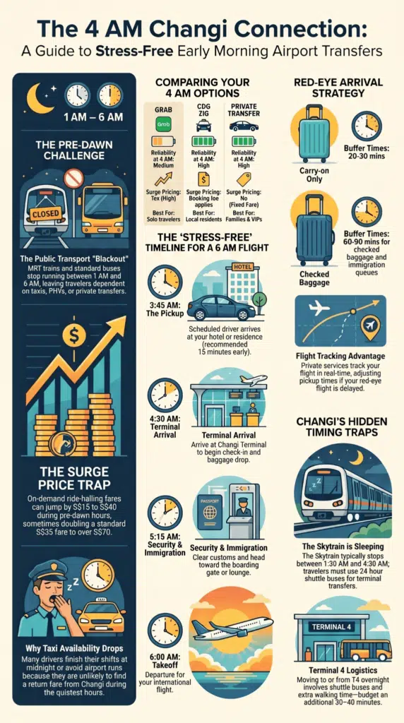 Infographic comparing 4 AM airport transfer Singapore options, including Grab, CDG Zig, and private transfer