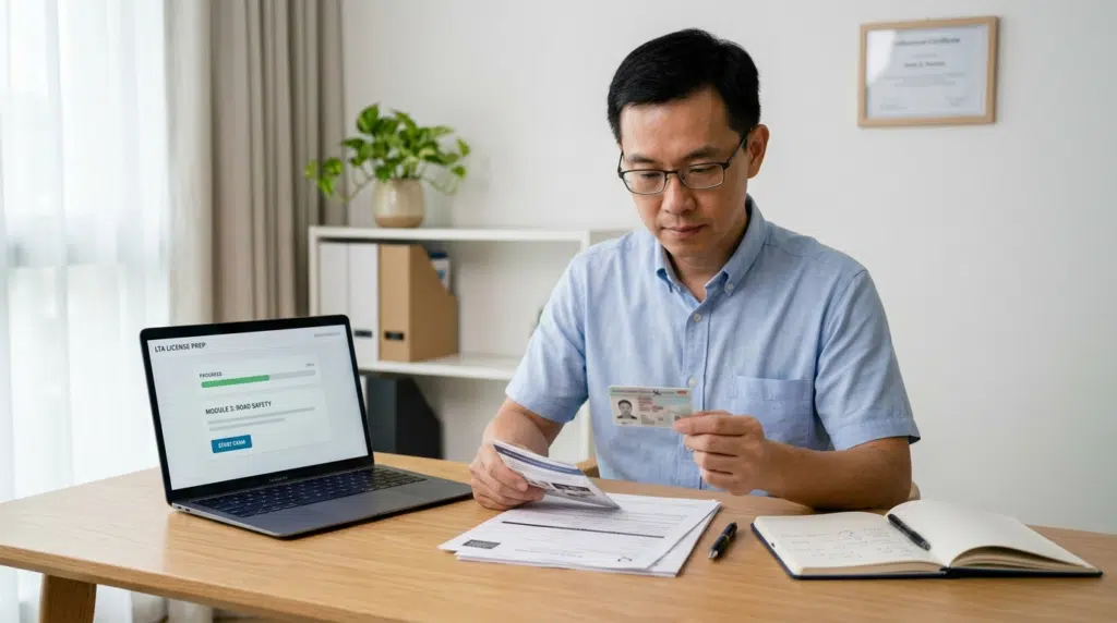 Focused man reviewing official documents and LTA prep on a laptop, demonstrating how My Singapore Driver is safe and compliant.