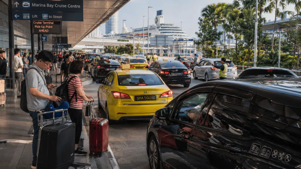 Travellers with suitcases waiting at busy taxi queue in marina bay cruise centre transport and pickup guide area