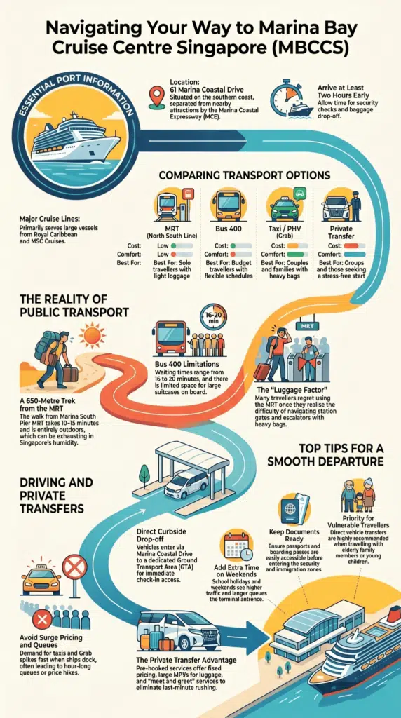 Illustrated Marina Bay Cruise Centre transport and pickup guide comparing MRT, bus, taxi, and private transfer options
