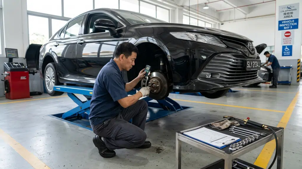 Mechanic conducting a rigorous brake inspection at a professional workshop to verify if My Singapore Driver is safe and roadworthy.