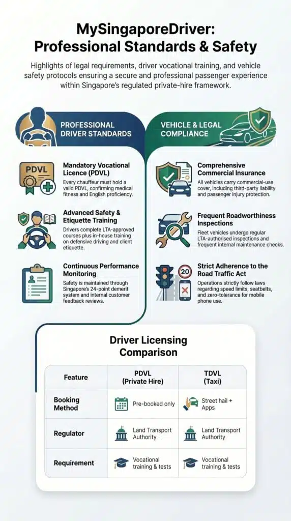 Infographic of the My Singapore Driver regulatory framework, detailing PDVL licensing and LTA standards to show why the service is safe.