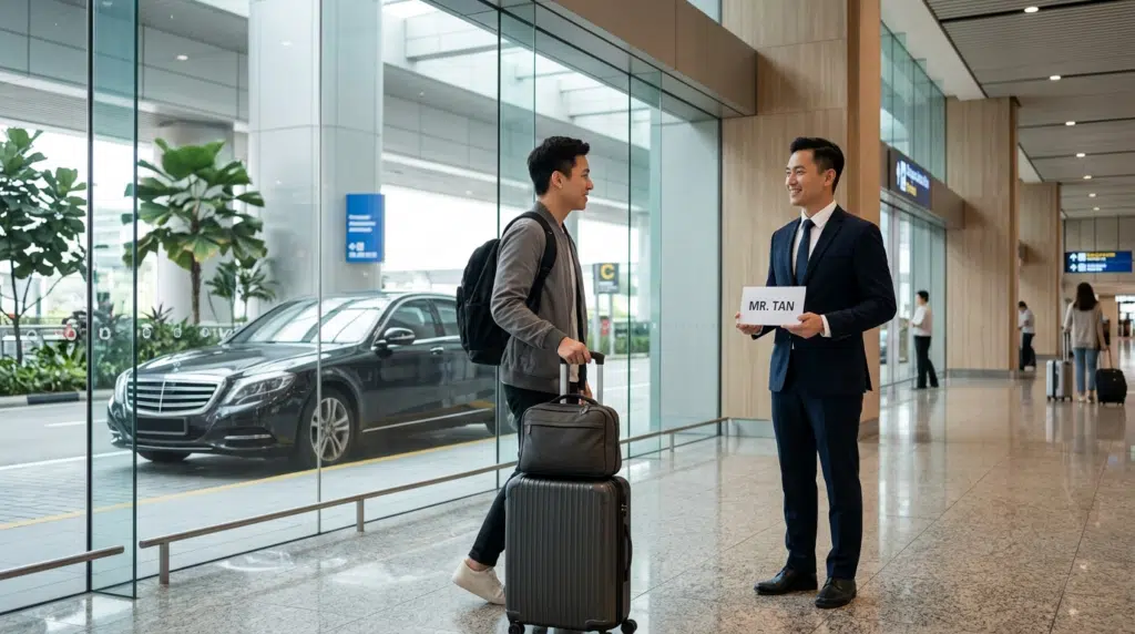 A private driver in Singapore welcomes a relieved traveller with a name sign at the Changi Airport arrivals hall.