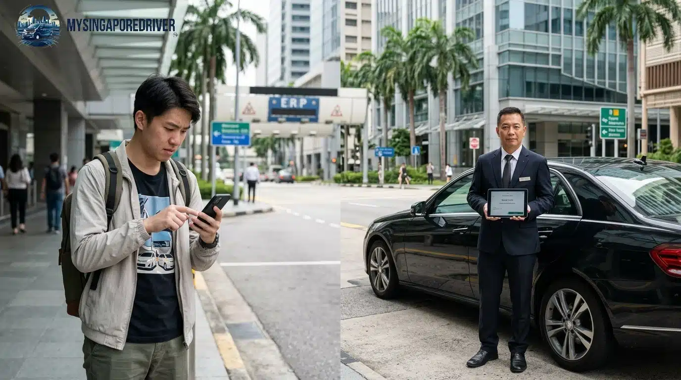 A traveller checks a Grab app while a professional private driver in Singapore waits calmly by a black sedan.