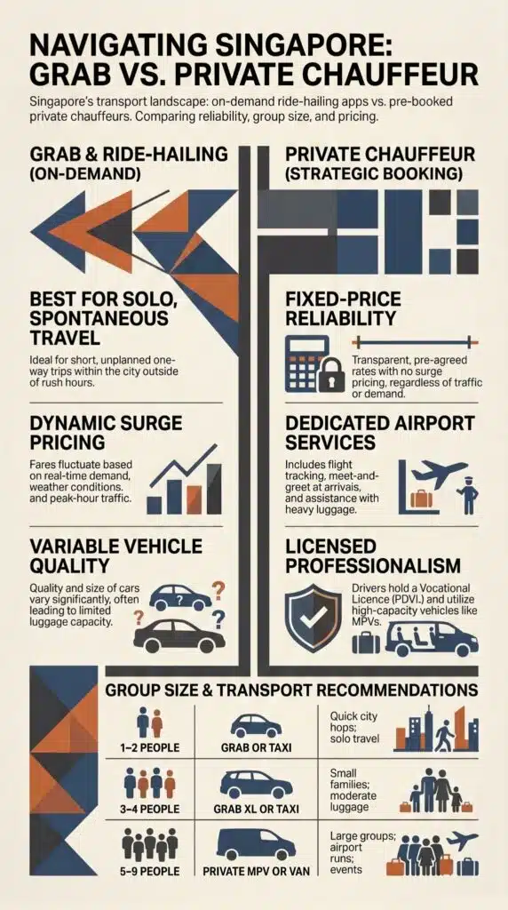 A comparison infographic between Grab and a private driver in Singapore, highlighting pricing, vehicle quality, and group sizes.