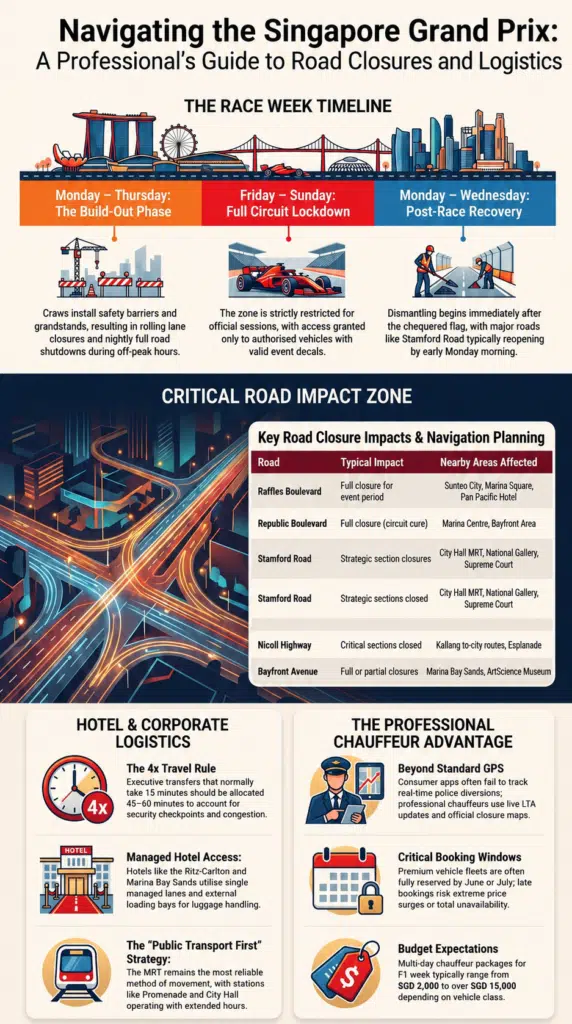 Infographic detailing the Singapore Grand Prix Road closures guide with maps and transport tips.