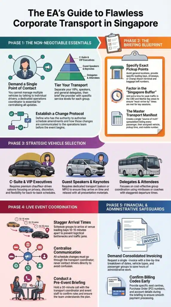 Infographic on what EAs and event planners need to know about corporate transport in Singapore