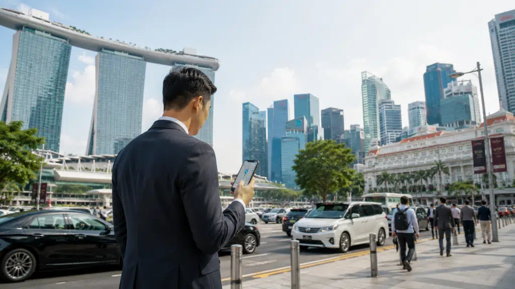 A suited professional booking Token2049 Singapore 2026 Side Event Transport on his phone near Marina Bay.