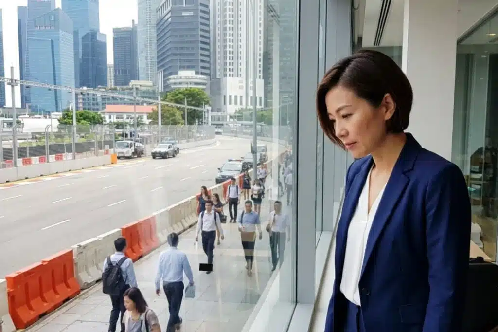 A woman observing the race circuit barriers from the office window