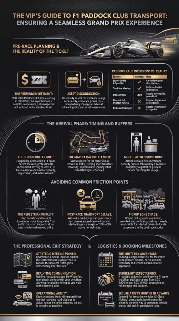 F1 Paddock Club & hospitality transport tips infographic covering arrival timing and booking milestones