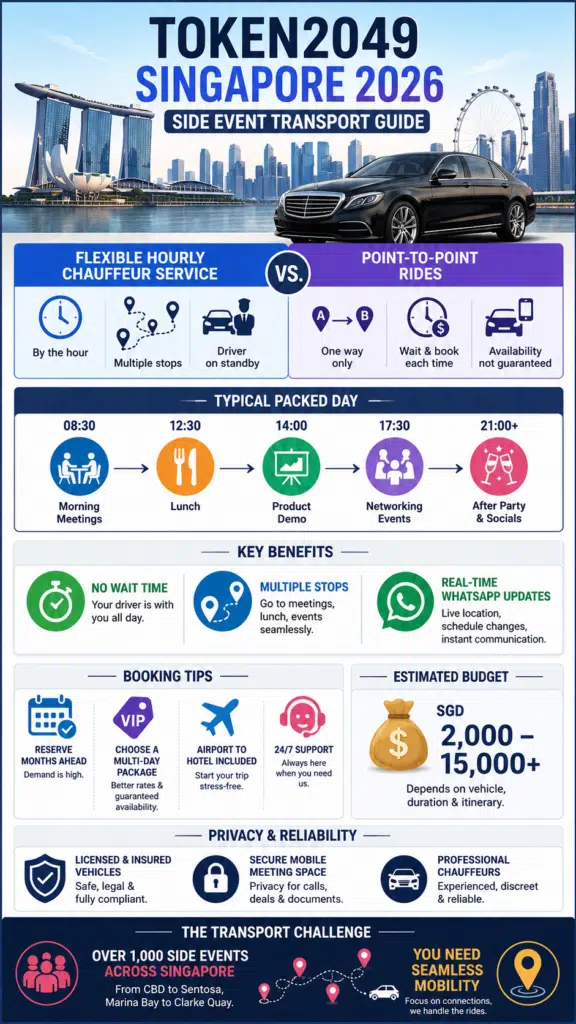 Token2049 Singapore 2026 Side Event Transport guide comparing hourly chauffeur services and point-to-point rides, with booking tips, estimated budget, and mobility benefits.