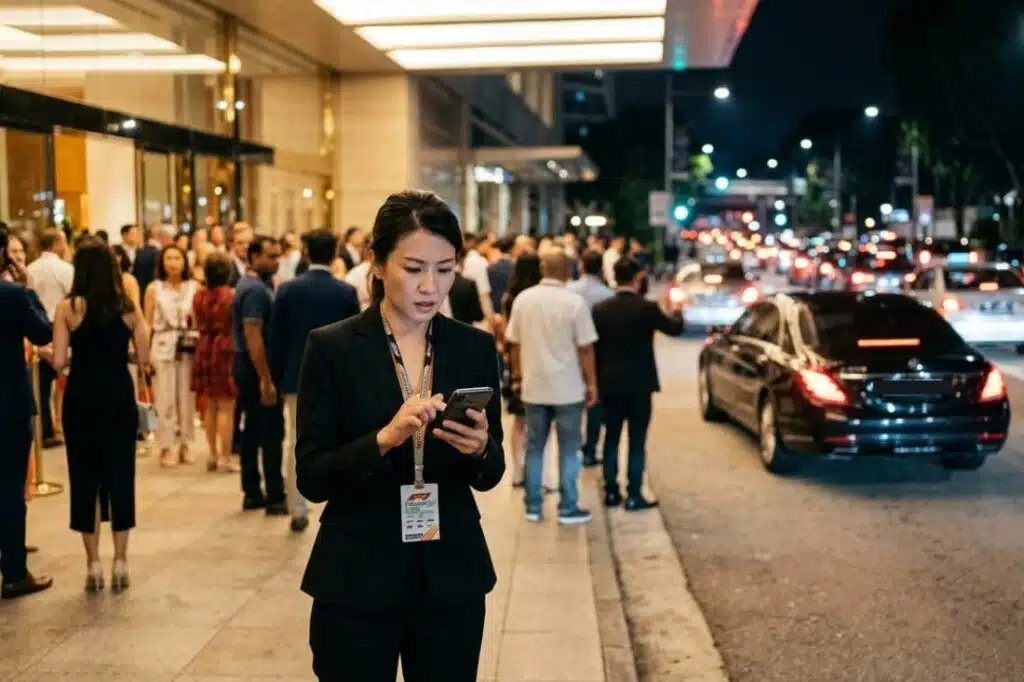 F1 week in Singapore, crowd gathers outside hotel as woman checks phone amid traffic.