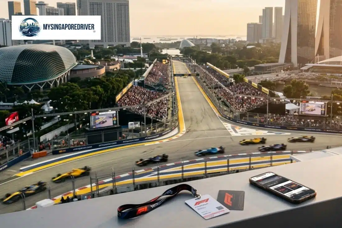 The F1 week in Singapore showcases race cars speeding past crowds on the Marina Bay circuit.