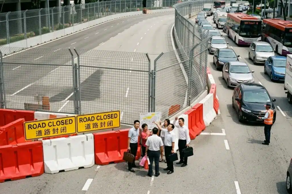 The F1 week in Singapore brings road closures and traffic congestion near the circuit.