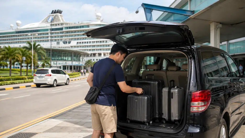 A traveler loading luggage into a private van at a cruise terminal, ready to follow the 4-Hour Singapore Guide for Cruise & Layover Visitors