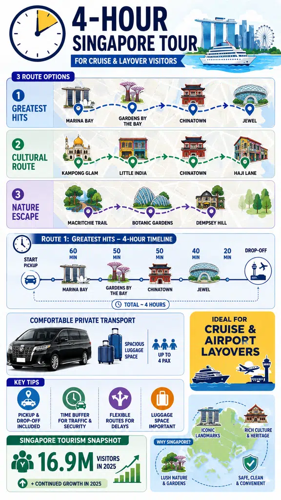 Infographic mapping three route options and timelines from the 4-Hour Singapore Guide for Cruise & Layover Visitors