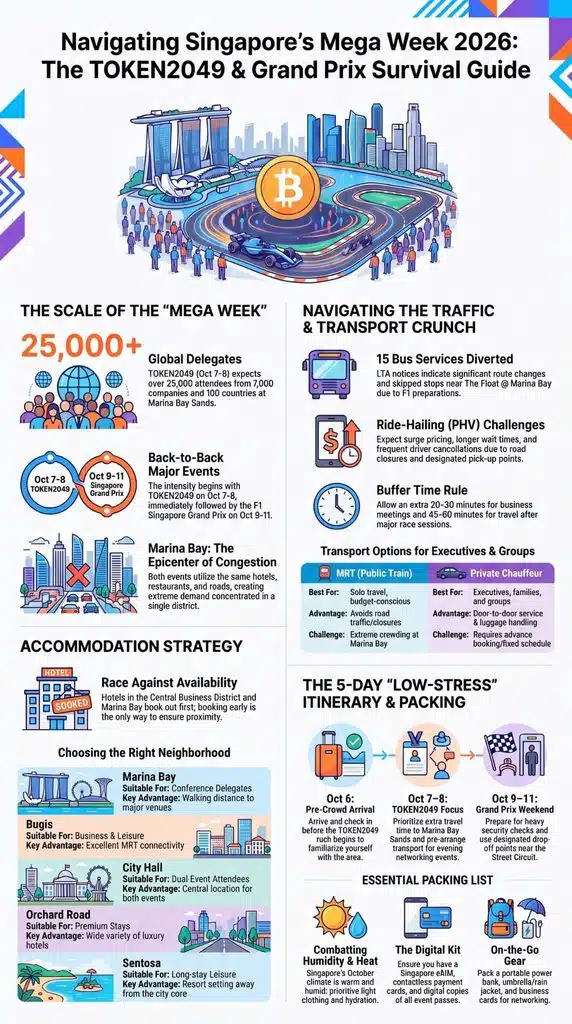 Infographic covering Token2049 & Singapore Grand Prix 2026 Travel Tips for navigating Singapore's mega week