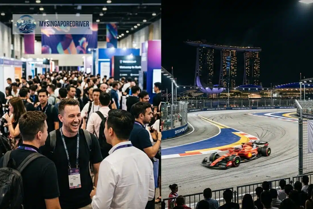 Conference attendees and an F1 car on track, highlighting TOKEN2049 & Singapore Grand Prix 2026 Travel Tips