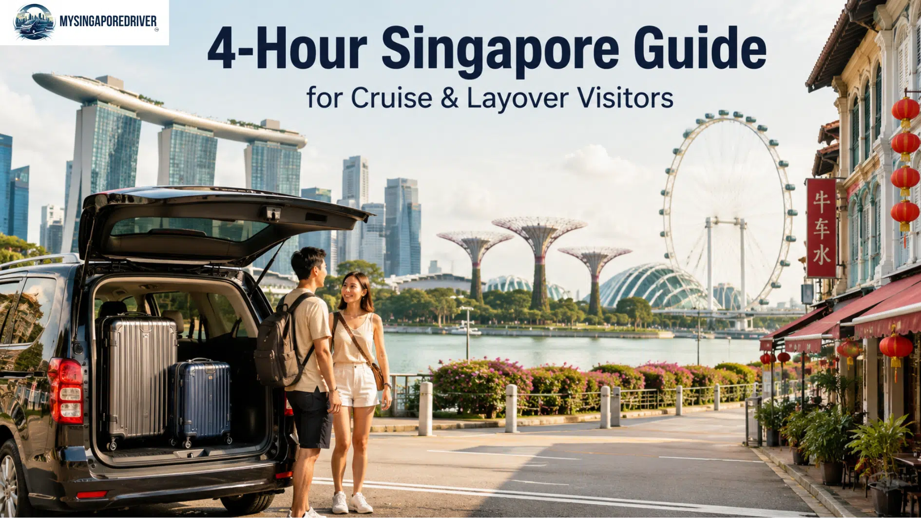 A couple unloading luggage from a private car near Marina Bay, perfect for the 4-Hour Singapore Guide for Cruise & Layover Visitors