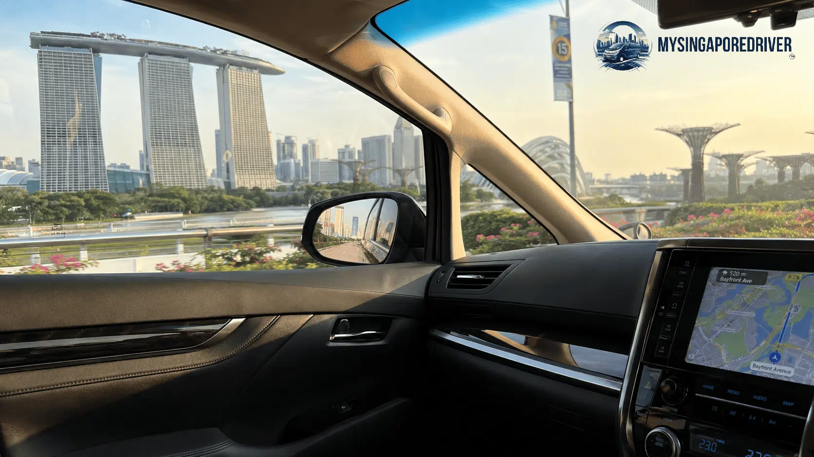 Car interior view of Marina Bay Sands, showcasing the Best Singapore Car Tour Routes to Explore skyline