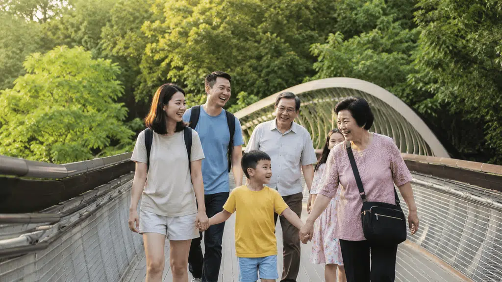 Multigenerational family walking together, highlighting the Best Singapore Car Tour Routes to Explore nature spots
