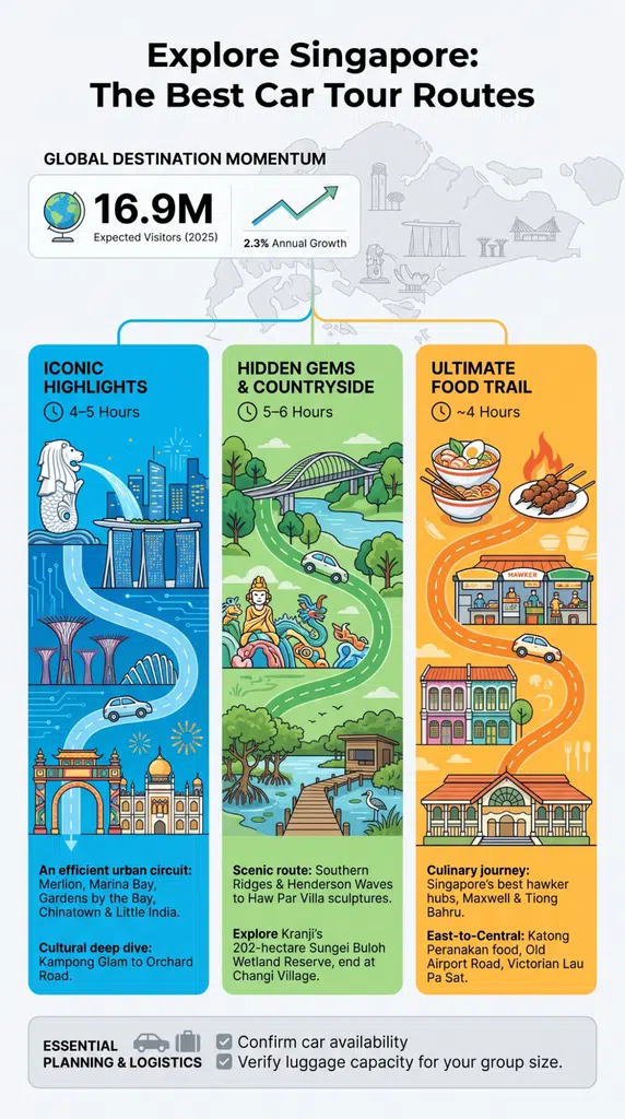 Infographic showing the Best Singapore Car Tour Routes to Explore, including landmarks, nature, and food trails