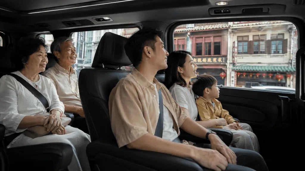 Family riding through Chinatown, experiencing the Best Singapore Car Tour Routes to Explore heritage areas
